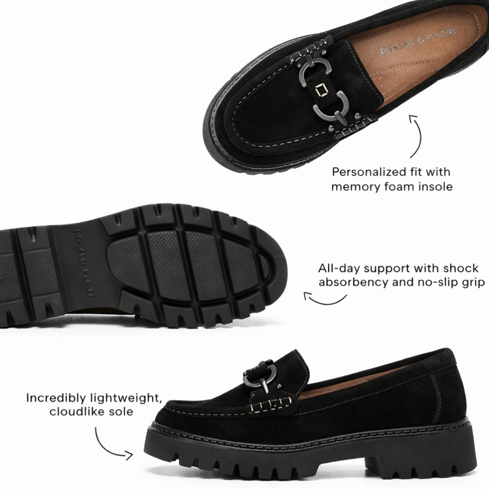 Donald Pliner 7M Black Suede & Patent Leather Lug Sole Loafers Gunmetal Horsebit - Picture 3 of 11
